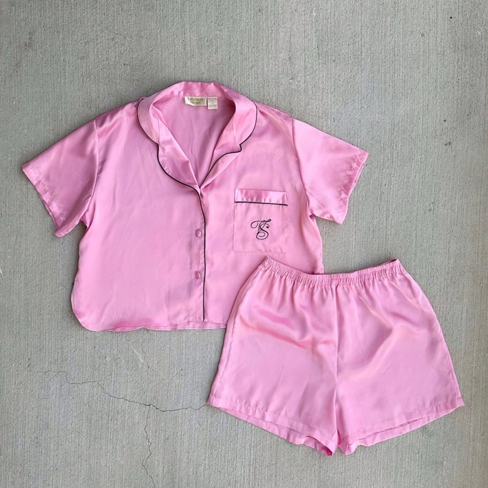 vintage gold label victoria’s secret pink satin pajama set